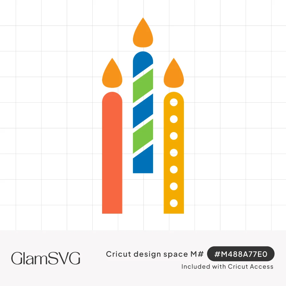 Three birthday candles with orange flames in coral, blue with green stripes, and yellow with white dots
