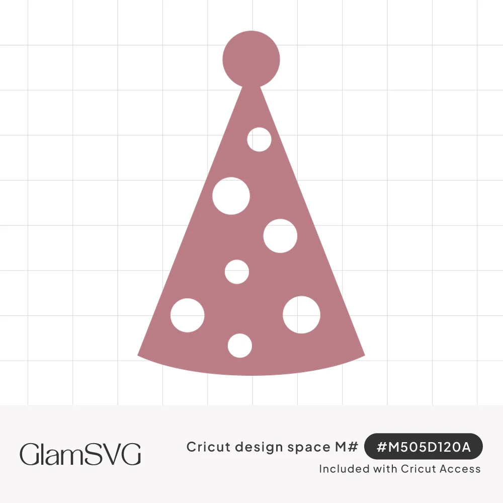 Pink cone-shaped party hat with a round pom-pom on top and white polka dot cutouts