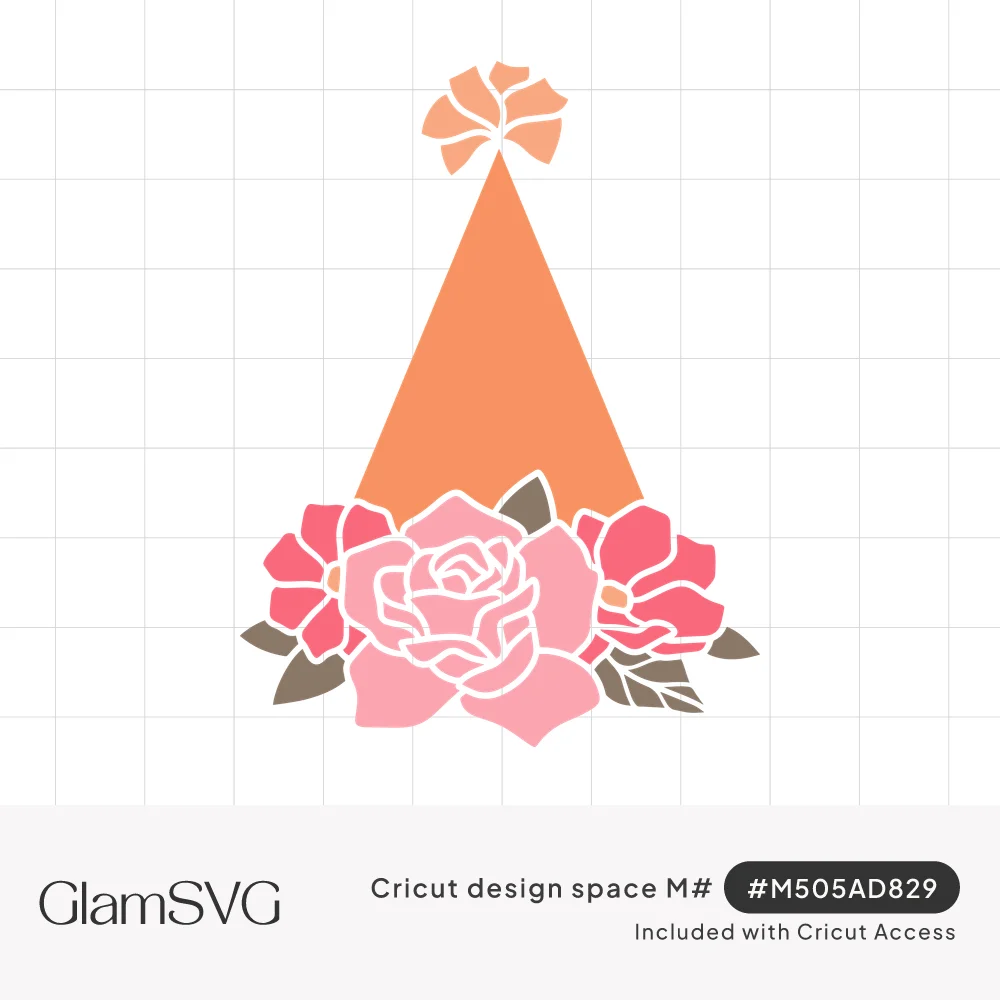 Peach cone party hat with a ruffled pom-pom on top, surrounded at the base by pink roses and green leaves