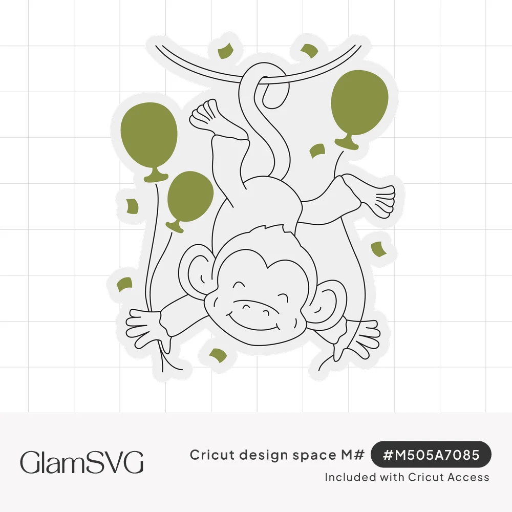 Cartoon monkey hanging upside down by its tail from a vine, surrounded by green balloons and confetti