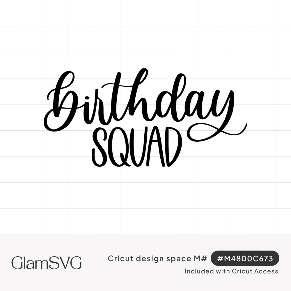 Black brush script lettering reading Birthday with a swashed y tail above hand-drawn capital letters reading SQUAD