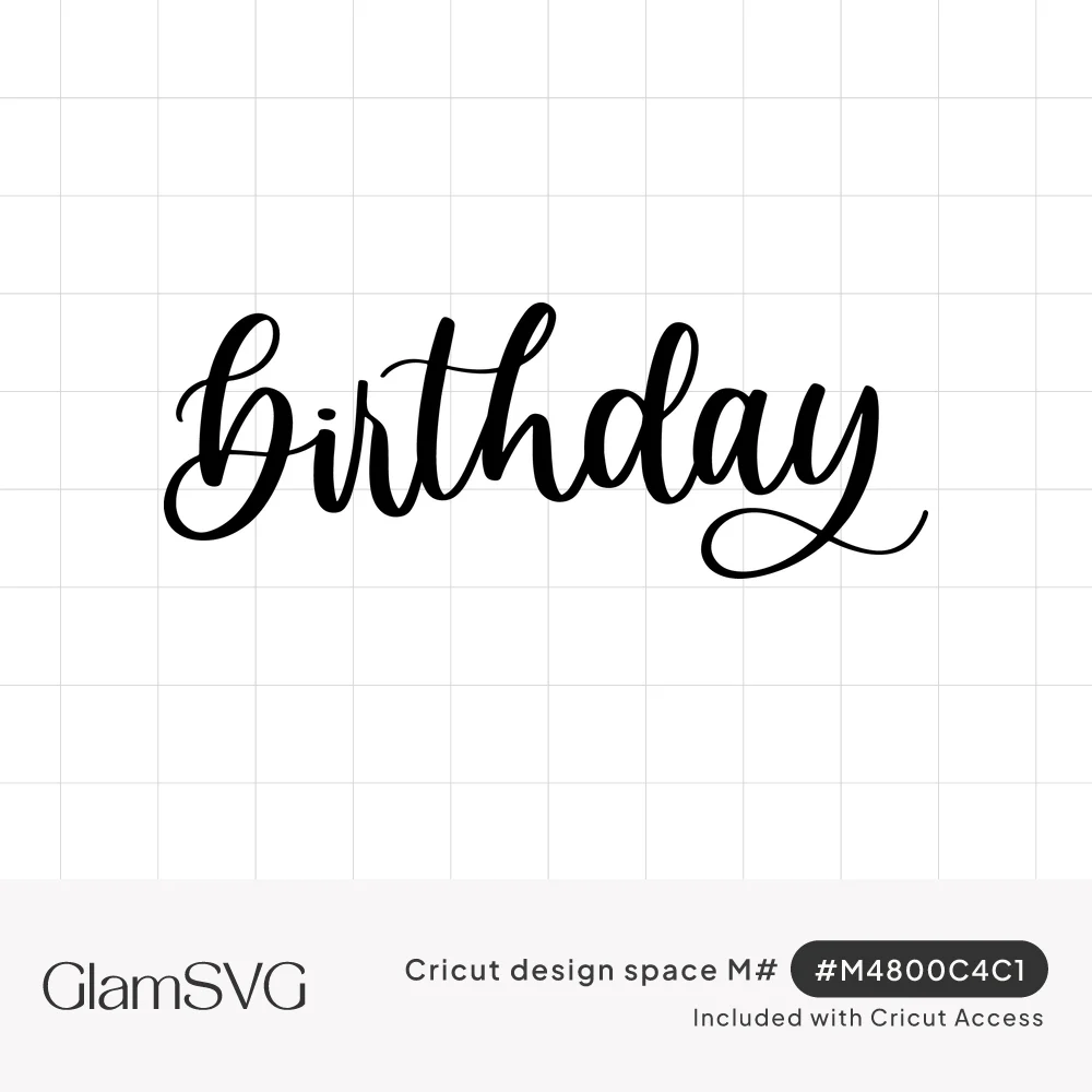 The word Birthday in black flowing brush script with a looping B and a long swash tail underlining the letters