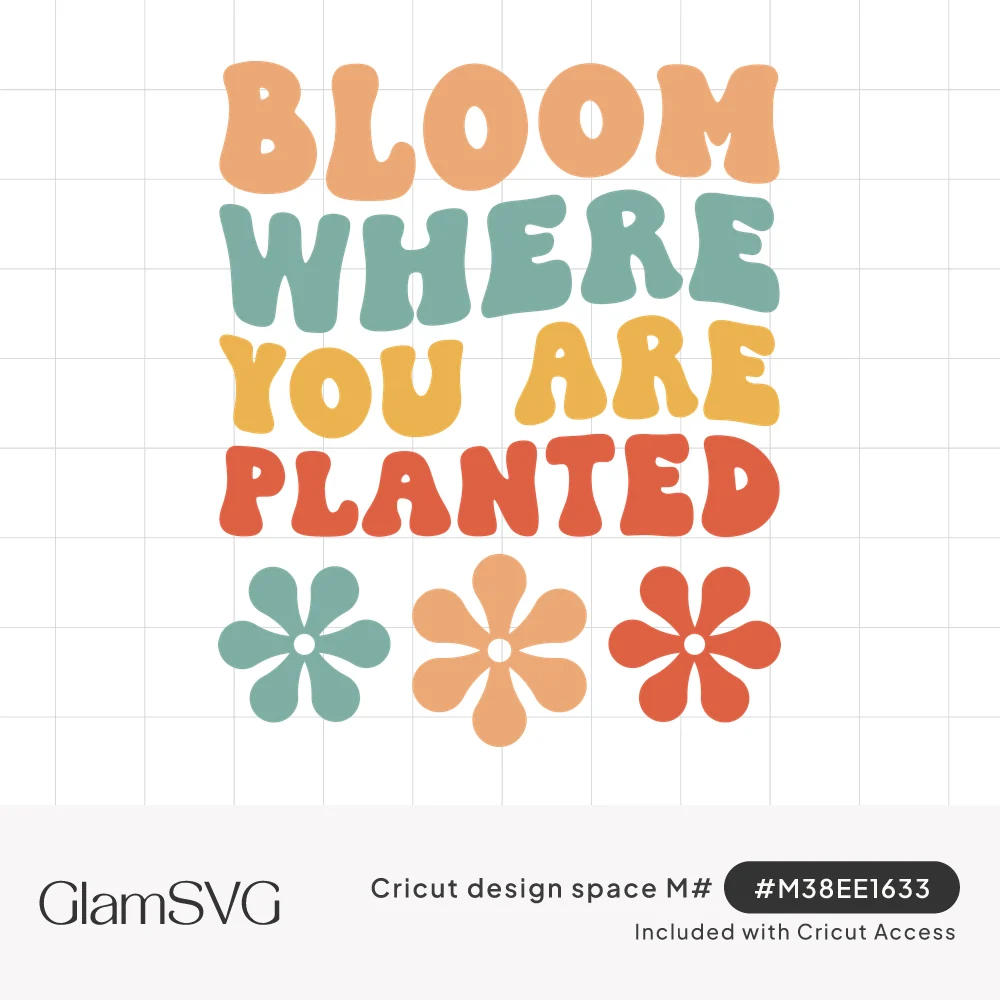 Groovy retro text Bloom Where You Are Planted in peach, teal, yellow and orange above three colorful flowers