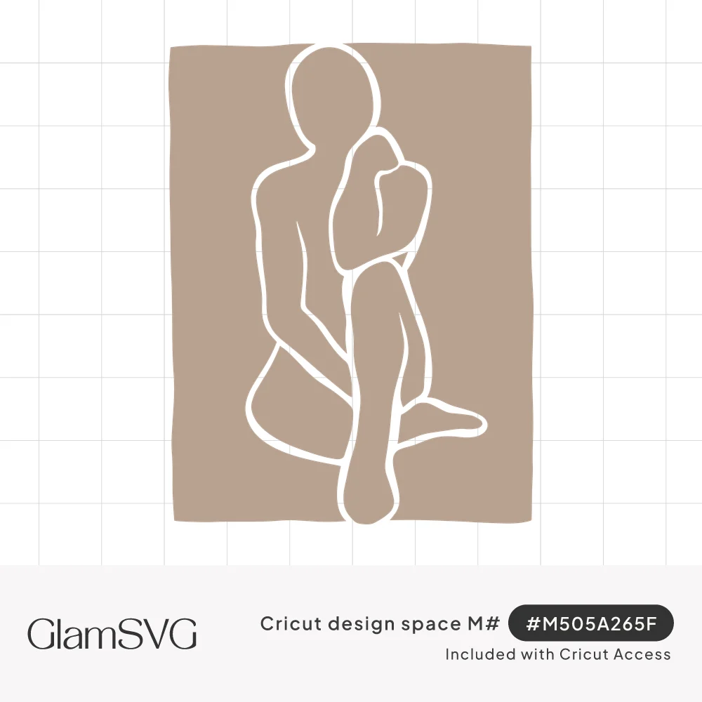 White continuous line drawing of a seated figure hugging one raised knee on a taupe rectangle background