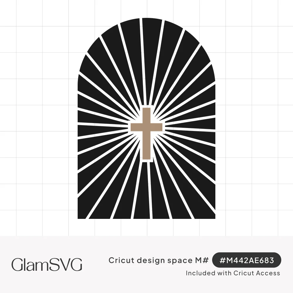 Tan cross centered in a black arched shape with white sunburst rays radiating outward