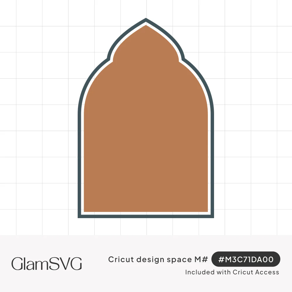 Terracotta pointed arch frame with an onion-dome peak, a thin white inner gap and a slate gray outline