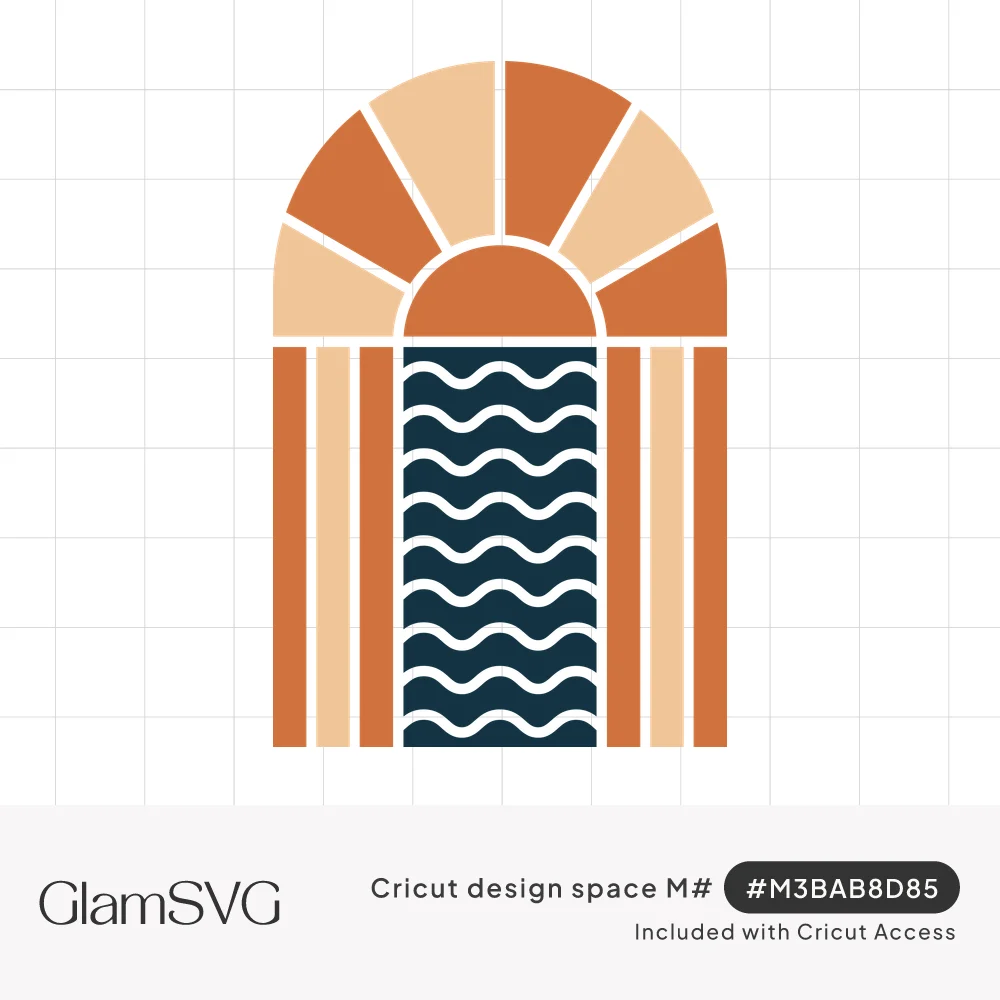 Boho arch design with terracotta and peach sun rays at the top and navy wavy water lines framed by vertical stripes