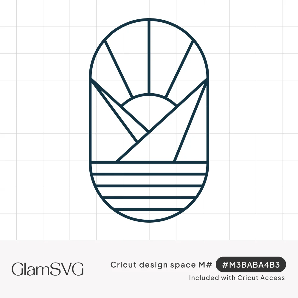 Line art arch badge with a rising sun and rays between two mountain peaks above horizontal water lines