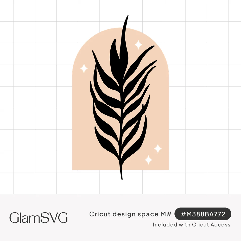 Black palm leaf branch silhouette on a peach arch background with small white sparkles