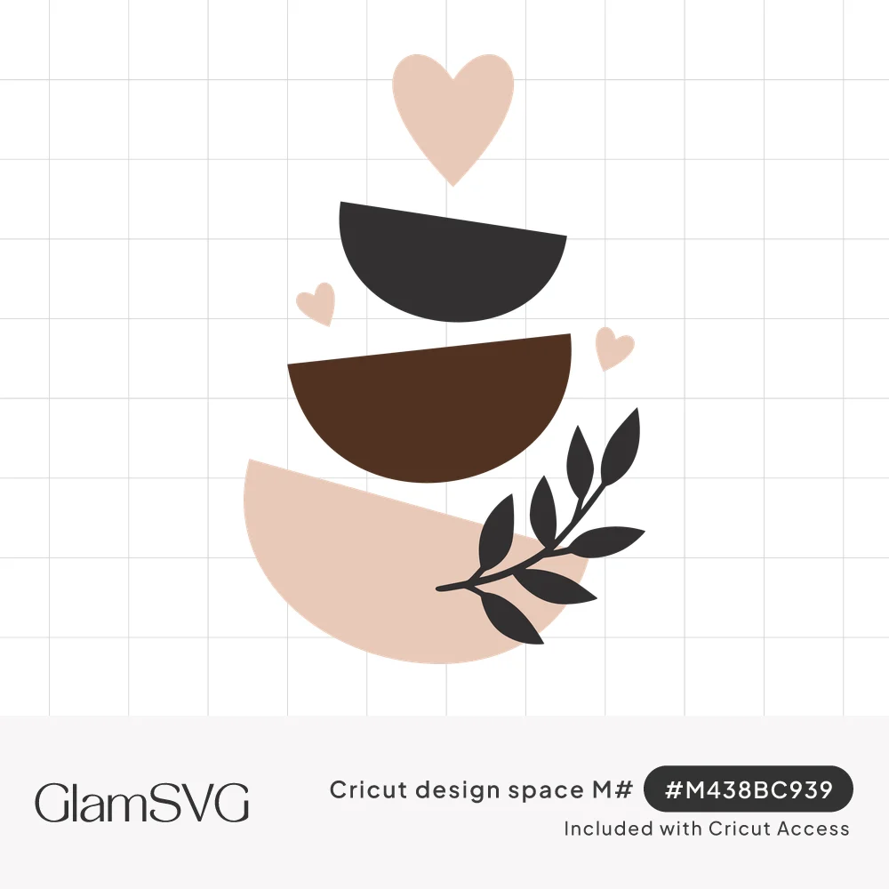 Stacked blush, black and brown half-circles topped with a pink heart, small hearts and a black leafy branch
