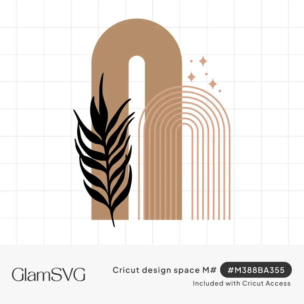 Boho design of a solid tan arch and striped blush arch with a black leaf branch and small sparkles