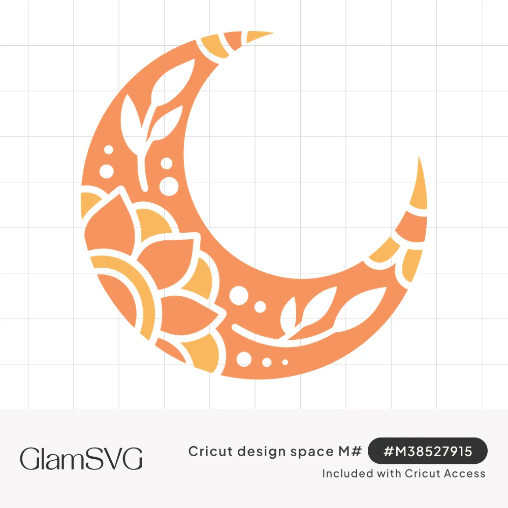 Peach crescent moon filled with a layered yellow flower, leaf sprigs and dots in a boho cutout style