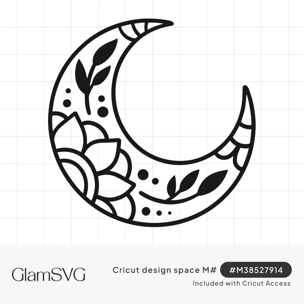 Black line art crescent moon filled with a layered flower, leafy sprigs and small dots in a boho style