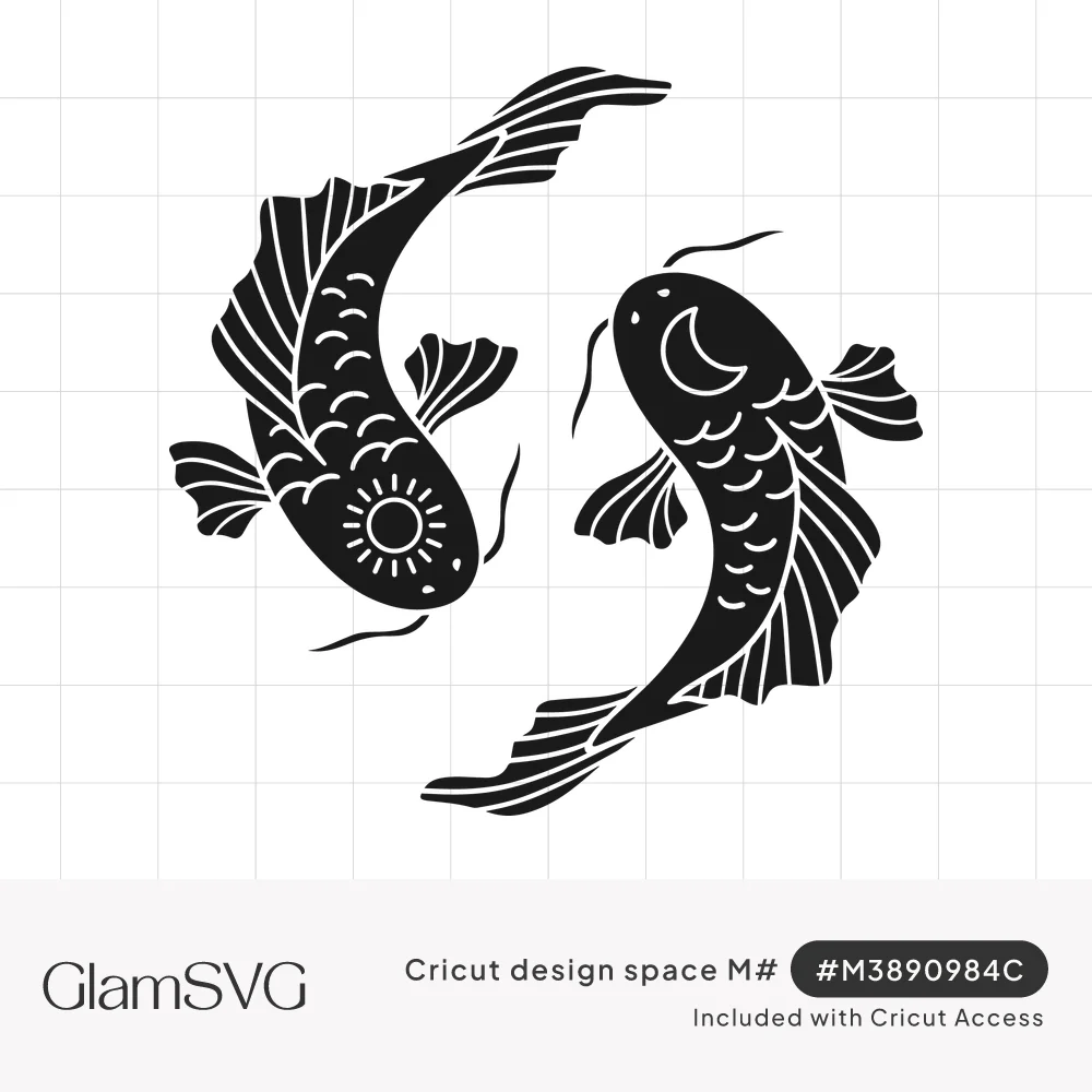 Two black koi fish swimming in a circle, one with a sun symbol and one with a crescent moon on its body