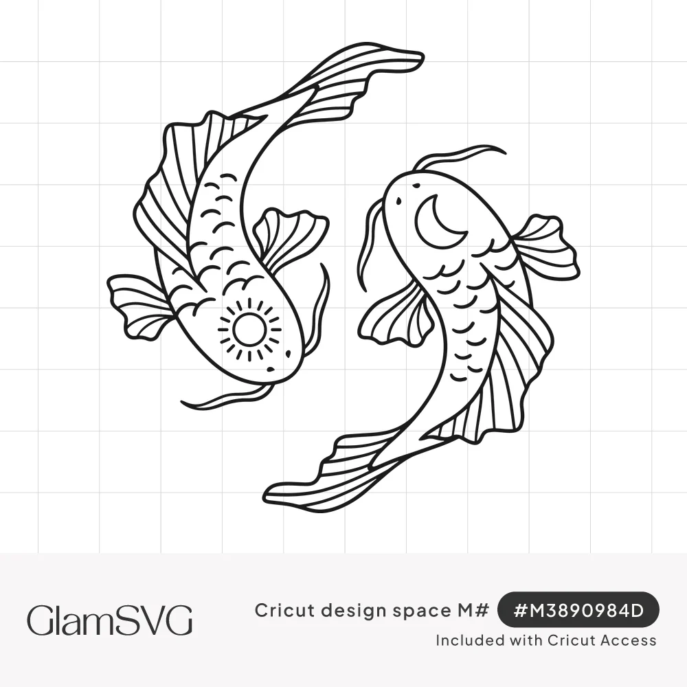 Line art of two koi fish swimming in a circle, one with a sun on its body and the other with a crescent moon