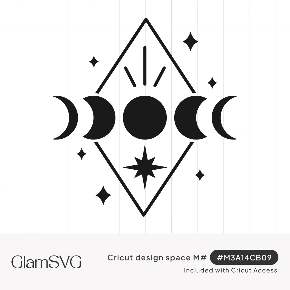 Black moon phases across a geometric diamond outline with rays, an eight-point star and small sparkles