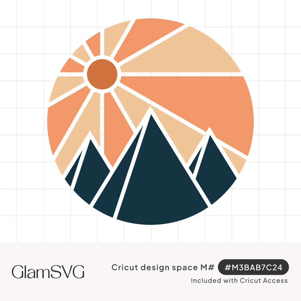 Circular boho design of navy mountain peaks beneath a peach sun with sunburst rays in orange and sand tones