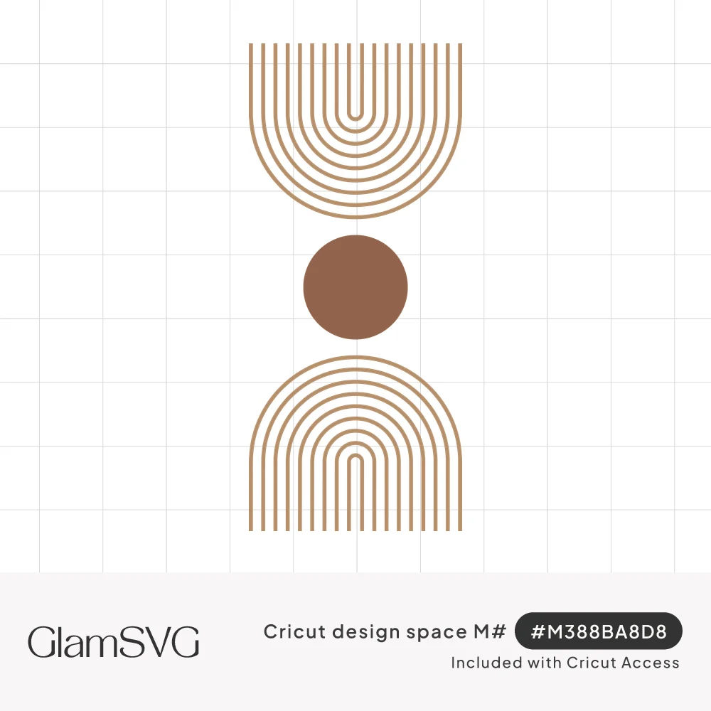 Two mirrored tan line-art rainbow arches, one inverted above and one upright below, with a terracotta circle sun between