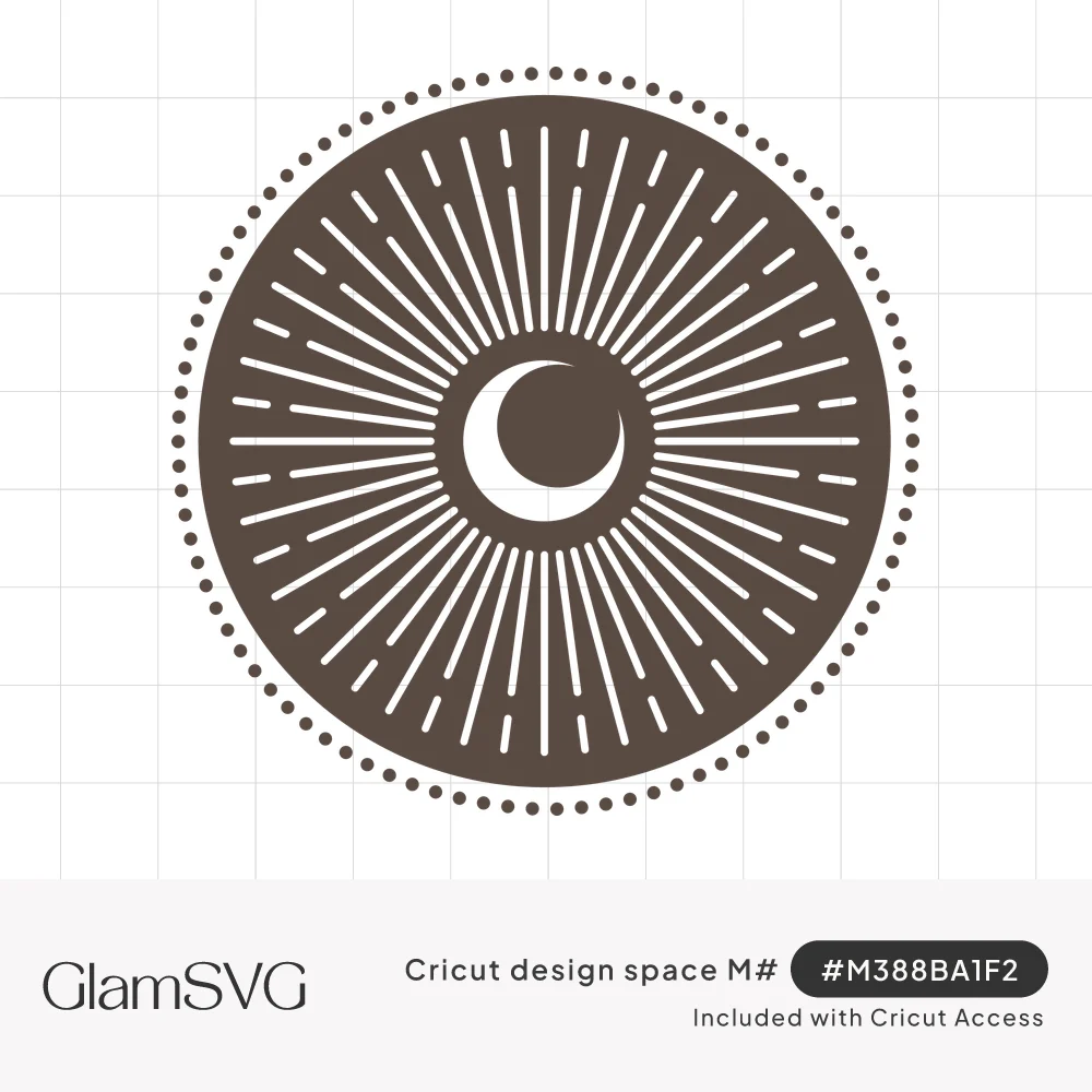Round boho design with a white crescent moon at center, radiating sunburst lines, and a dotted circular border