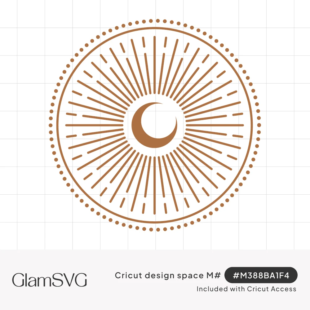 Terracotta line art of a crescent moon inside radiating sun rays, encircled by a dotted ring