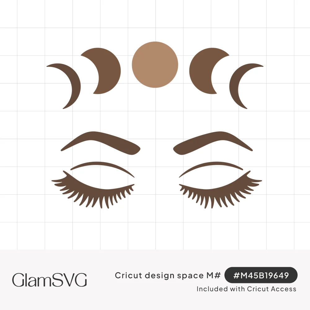 Brown moon phases arched above a pair of closed eyes with long lashes and arched eyebrows