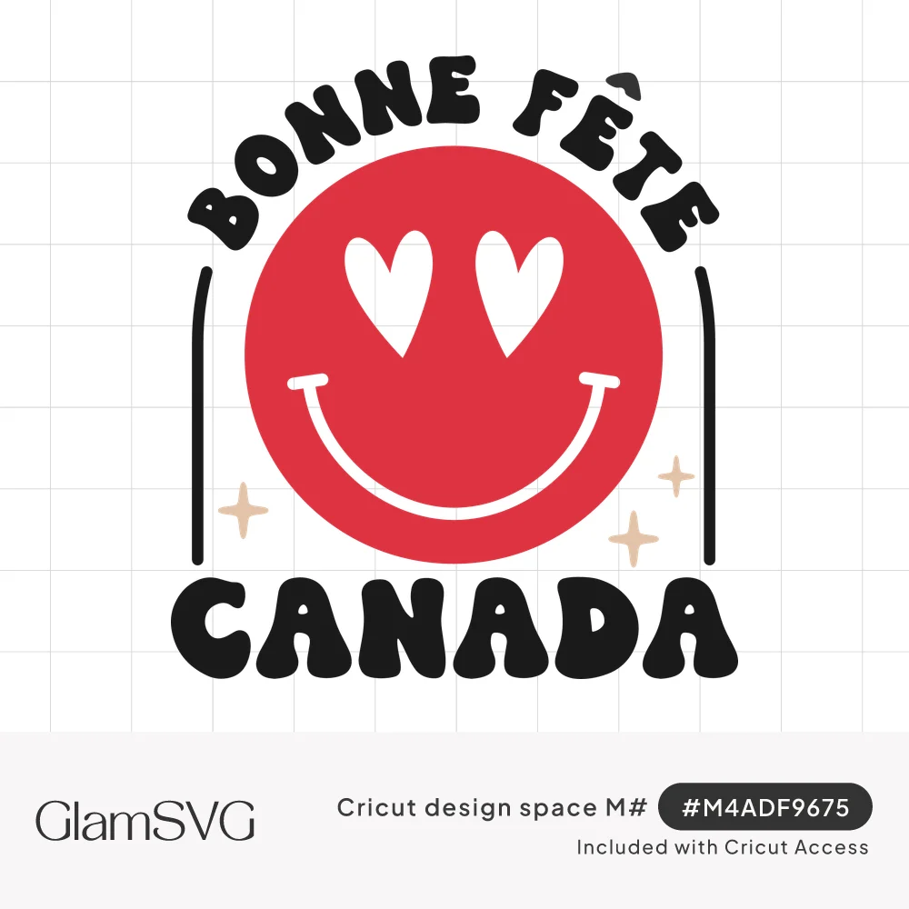 Red smiley face with white heart eyes under arched Bonne Fête lettering, with Canada below and small beige sparkles