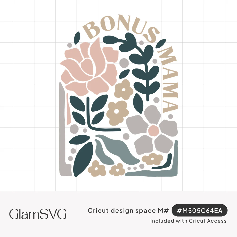 Boho arch of blush rose, gray flower, taupe blossoms and teal leaves with Bonus Mama lettered along the curved top