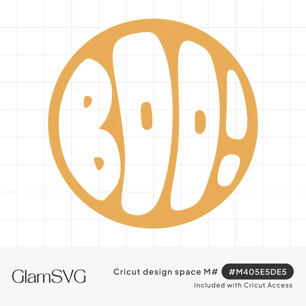 Puffy white bubble letters spelling BOO! stretched to fill a round mustard orange circle in a groovy retro style