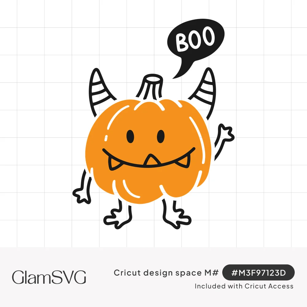 Cartoon orange pumpkin monster with striped horns, fangs and waving arm under a black speech bubble reading BOO
