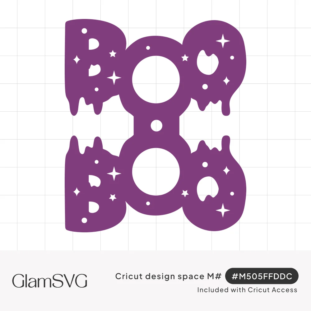 Purple fold-over lollipop holder spelling BOO in drippy bubble letters with star cutouts and round openings for a lollipop