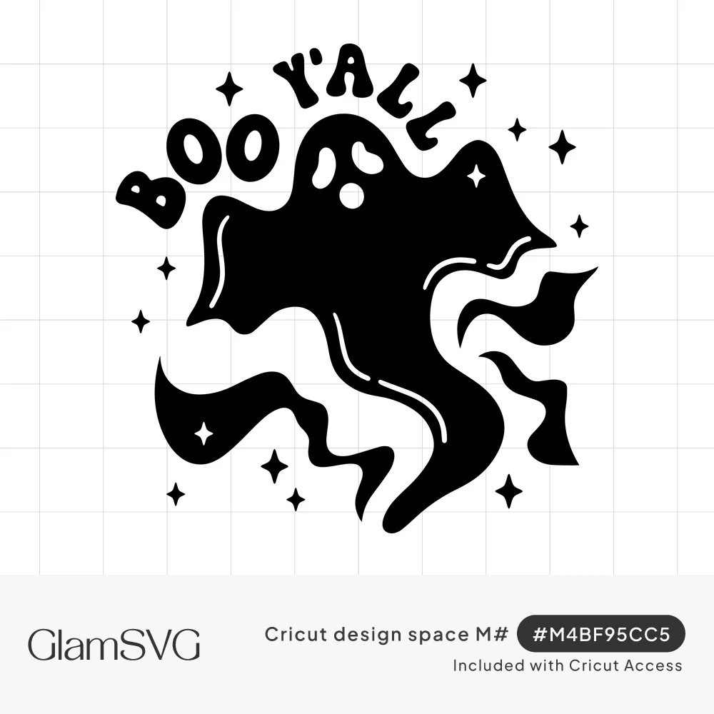 Black retro ghost with a wavy flowing tail under arched Boo Y'all lettering, surrounded by small sparkles
