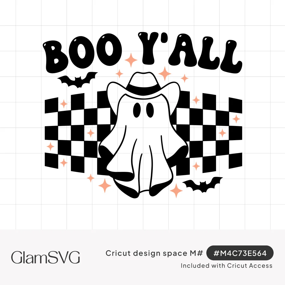 Retro Boo Y'all lettering above a cute ghost in a cowboy hat with a wavy checkerboard, bats and peach sparkles