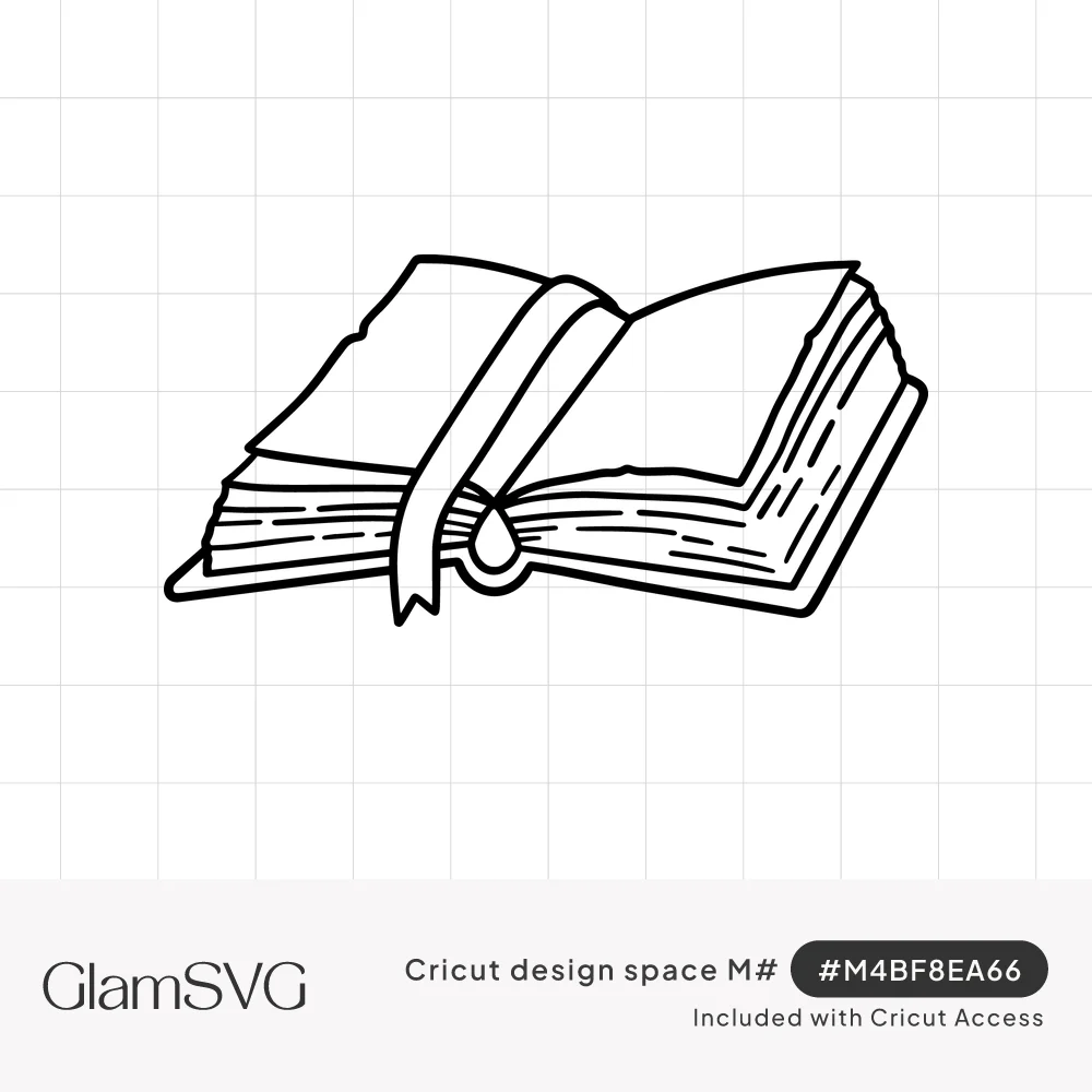 Black line drawing of an open book with fanned pages and a ribbon bookmark hanging over the spine