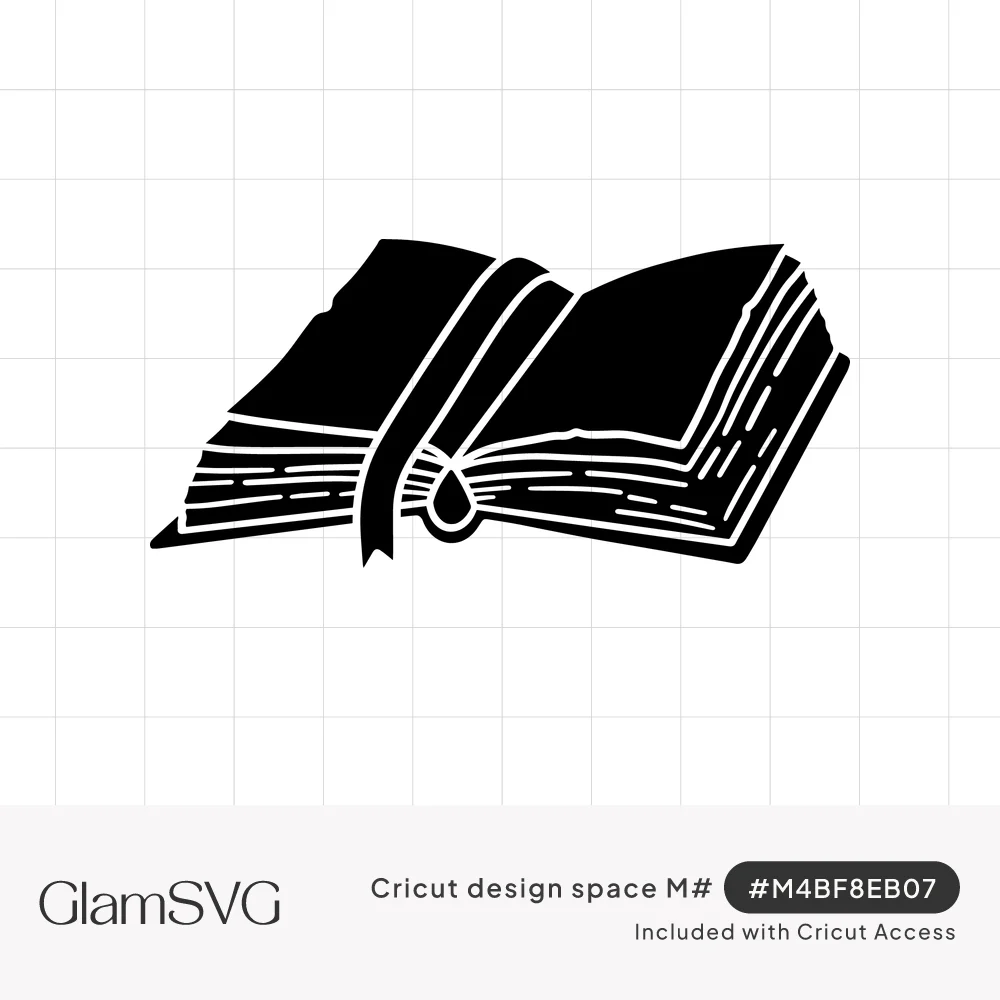 Black silhouette of an open book with a ribbon bookmark hanging down the center and textured page edges
