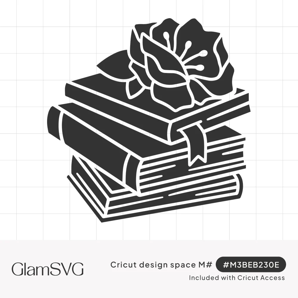 Silhouette of three stacked books with a ribbon bookmark and a large open flower with leaves resting on top