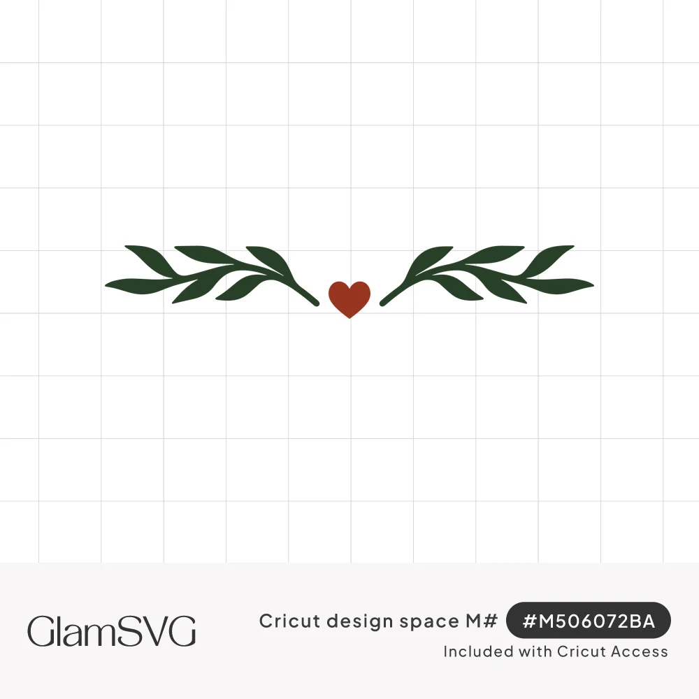 Horizontal border of two dark green leafy branches with a small red heart in the center