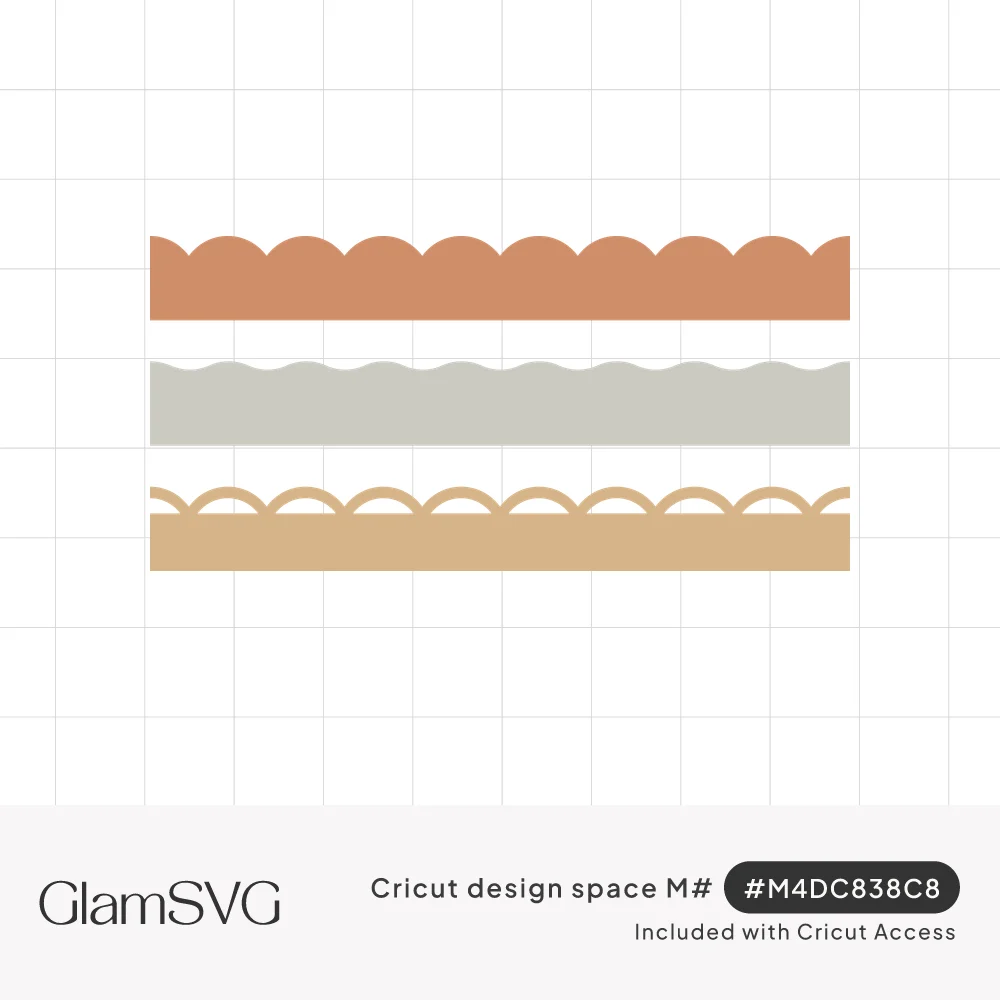 Three horizontal border strips in terracotta, sage gray and tan with scalloped, wavy and open arched edges
