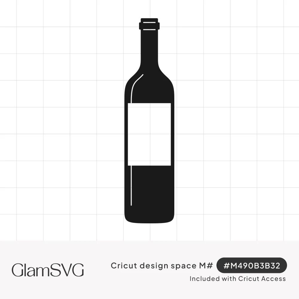 Black wine bottle silhouette with a cork top, a thin highlight line and a blank white rectangular label