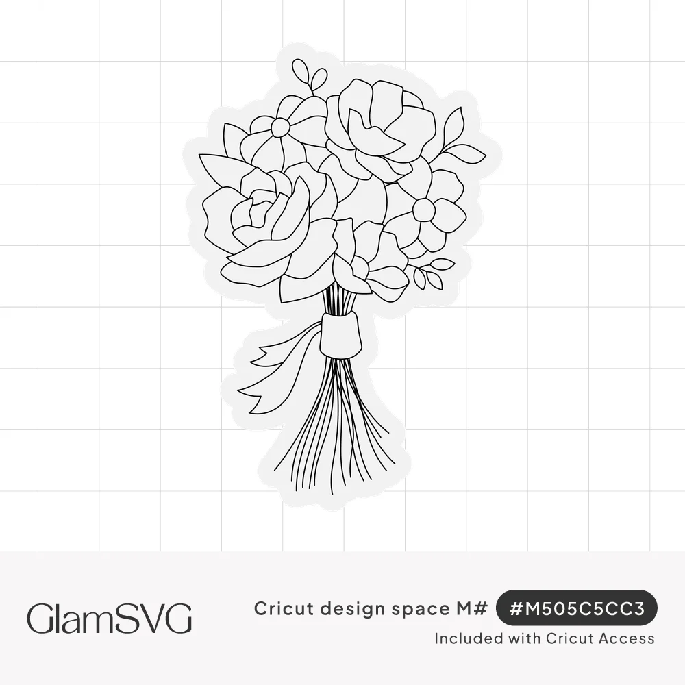 Line art bouquet of roses, daisies and leaves tied with a ribbon at the stems, set inside a sticker outline