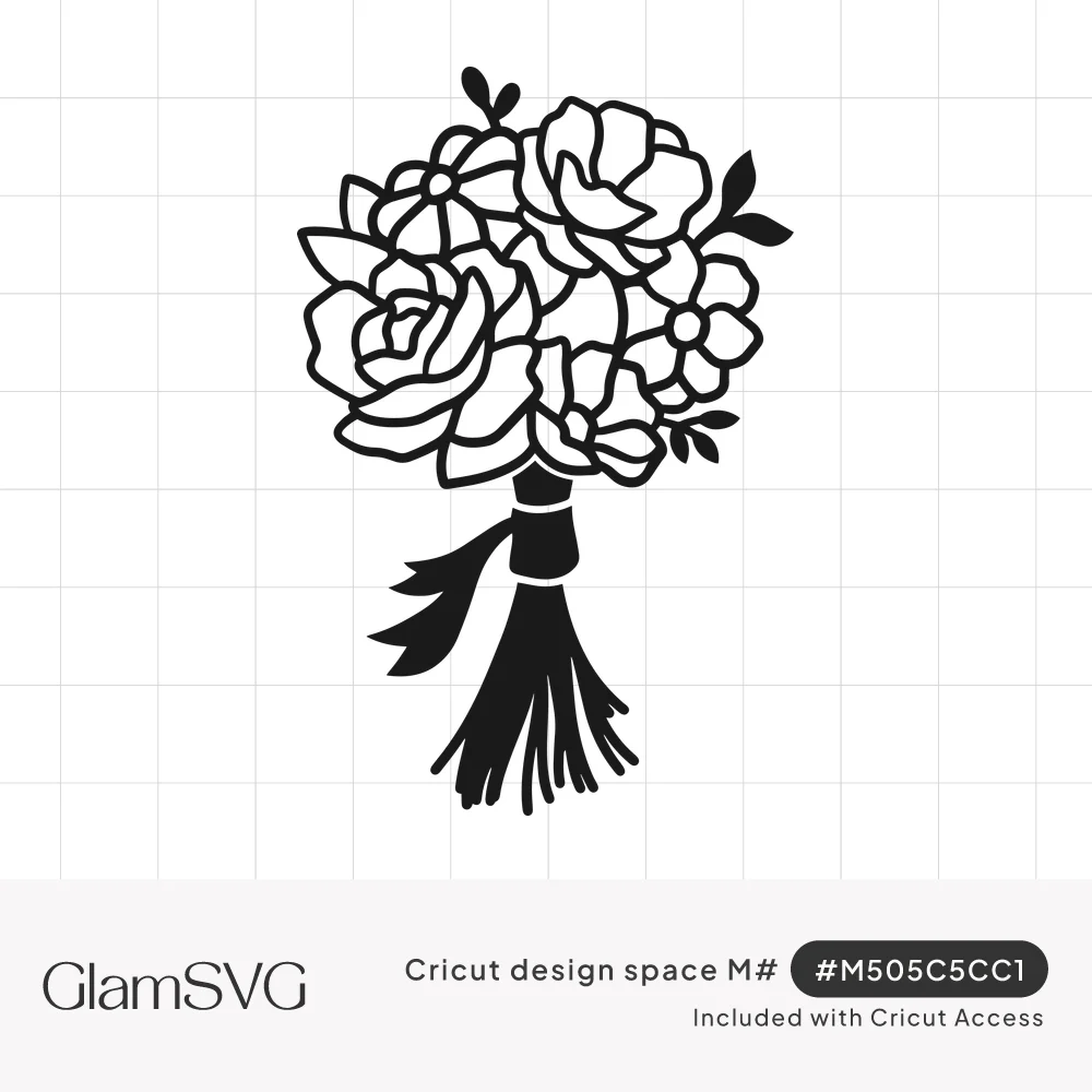 Black line art bouquet of roses, peonies and small blooms with leaves, stems tied with a flowing ribbon