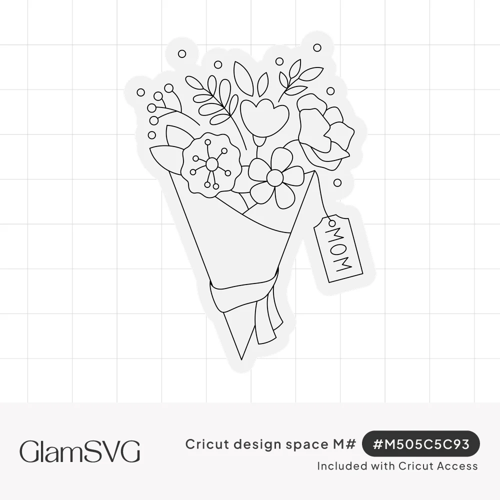 Line art bouquet of daisies, tulips and leaves wrapped in paper with a small hanging tag that reads Mom