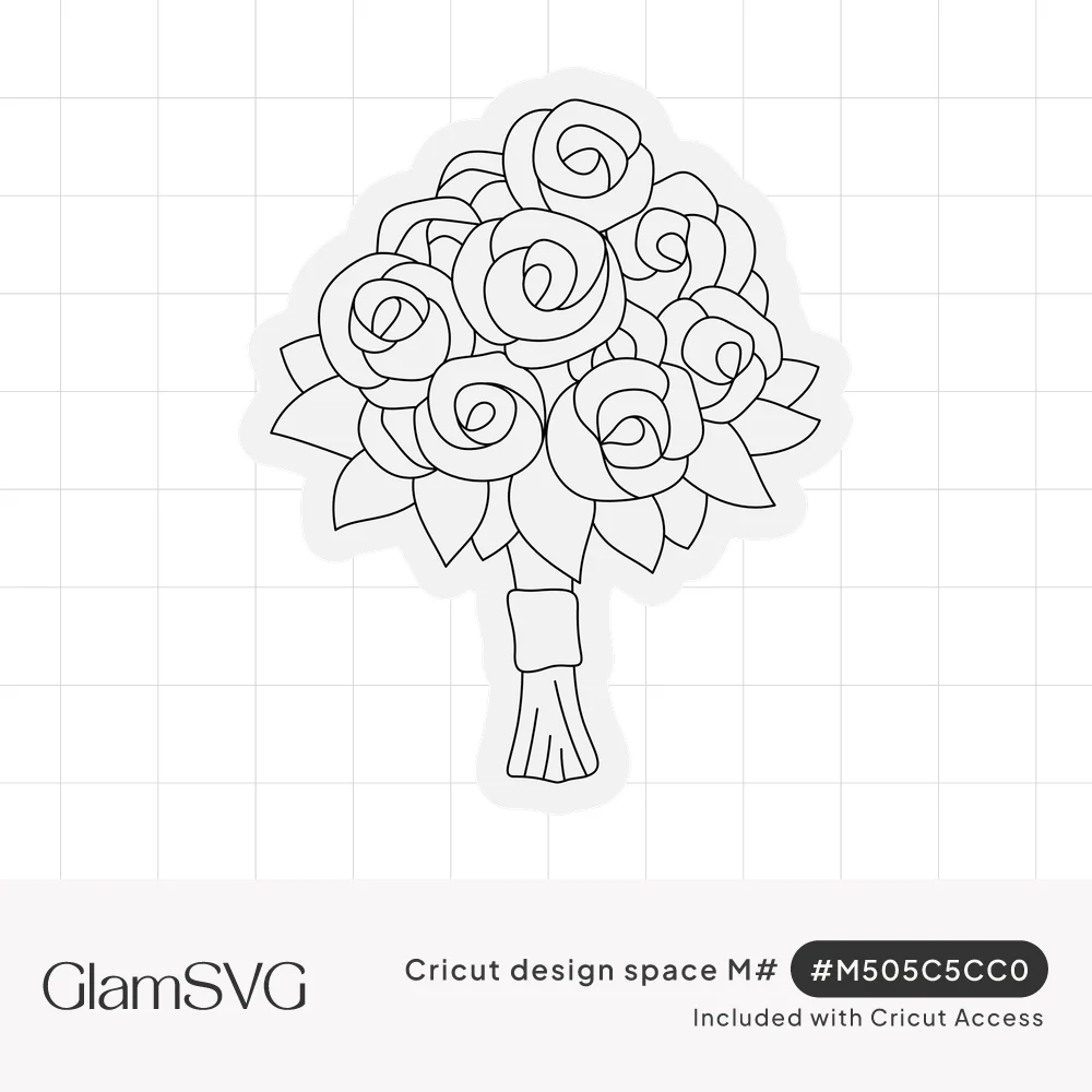 Line drawing of a rose bouquet with spiral blooms, leaves and ribbon-wrapped stems inside a sticker-style outline