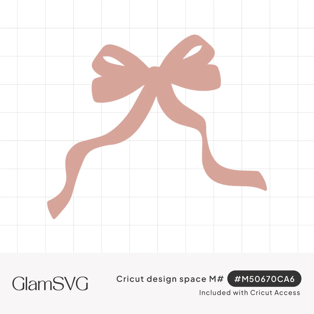 Dusty pink silhouette of a ribbon bow with two loops and long, wavy trailing tails on a white background