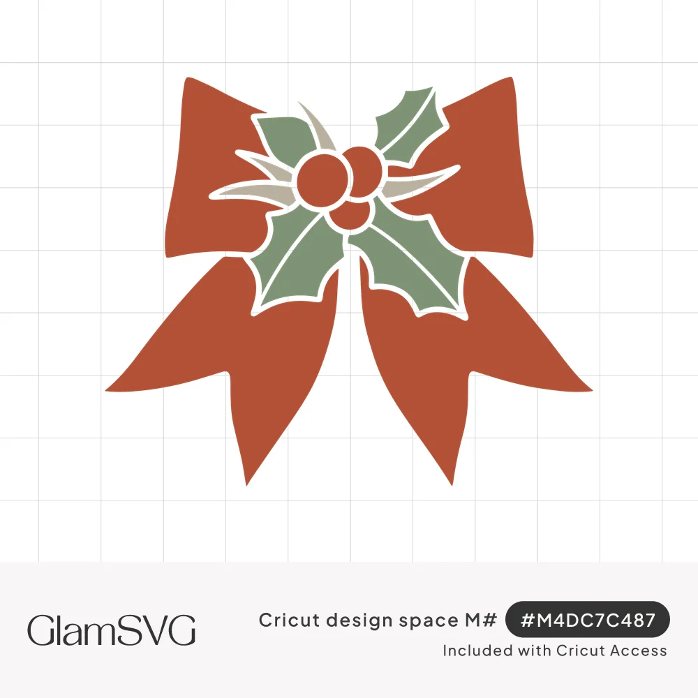 Rust red ribbon bow with long tails, topped with green holly leaves and three red berries in the center