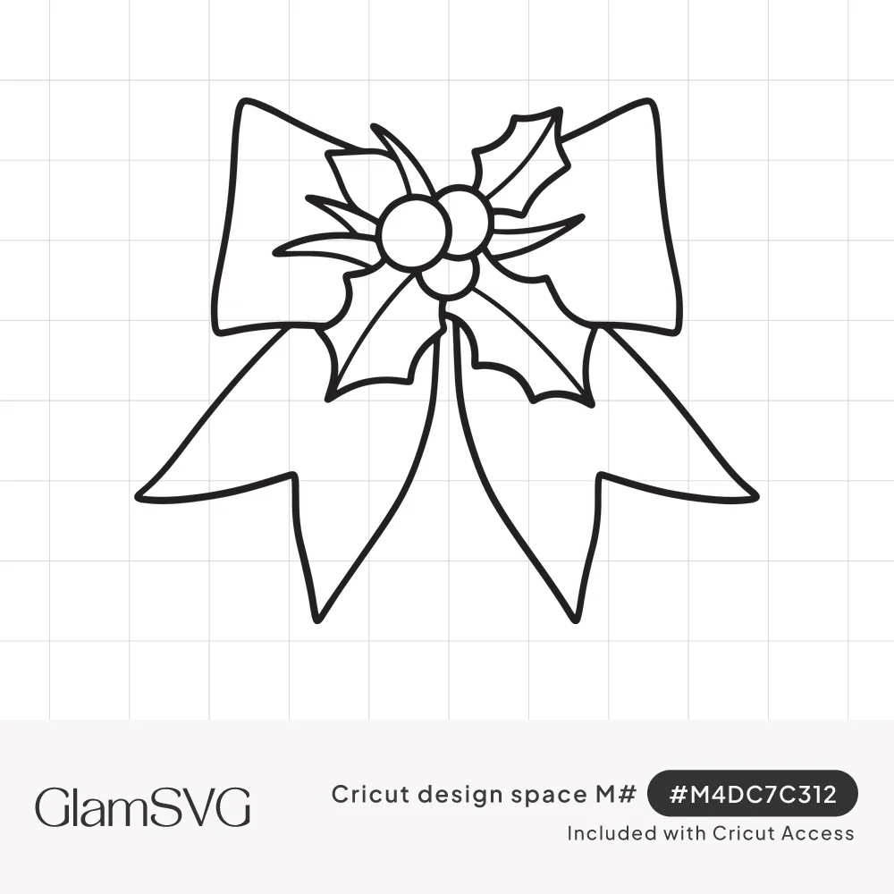 Black outline drawing of a ribbon bow with notched tails and a holly sprig with three berries at the center