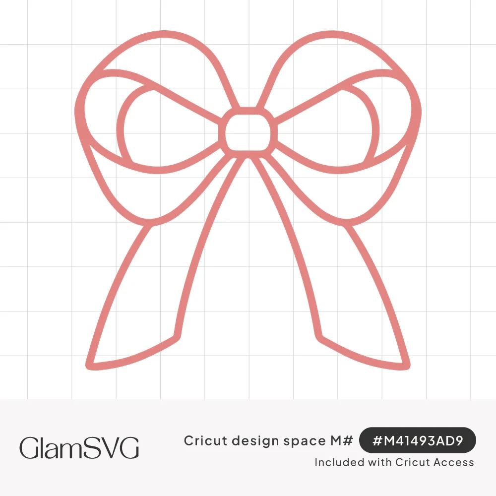 Pink outline drawing of a ribbon bow with inner loops in each wing, a square knot and two long tails