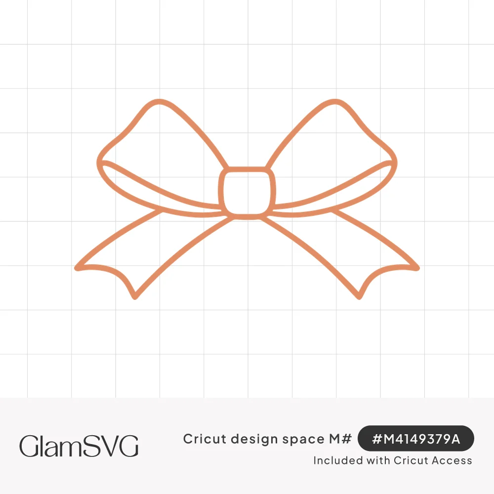 Line drawing of a ribbon bow with two rounded loops, a square center knot and two notched tails in coral outline