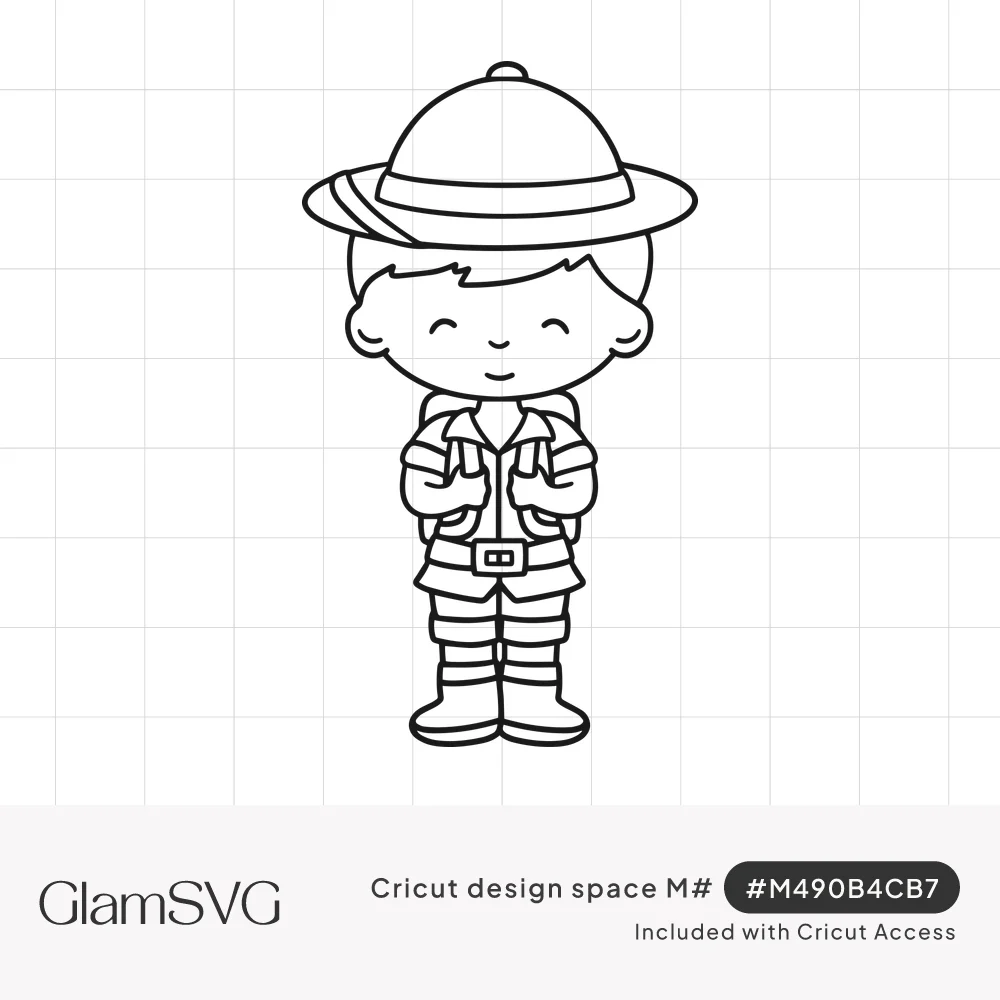 Outline drawing of a smiling cartoon boy scout in a wide-brimmed hat, backpack straps, belt, shorts, knee socks and boots