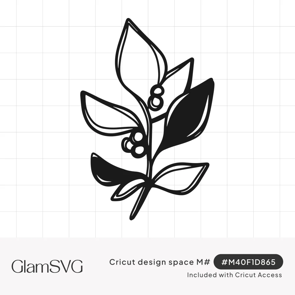 Black line art branch with outlined and solid black leaves and small berry clusters along the stem