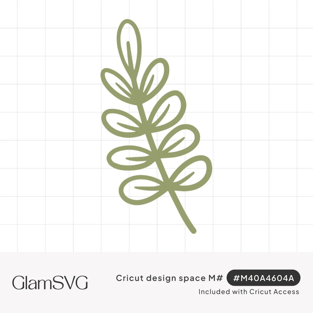 Sage green hand-drawn branch with pairs of rounded leaves and looped vein lines on a curved stem